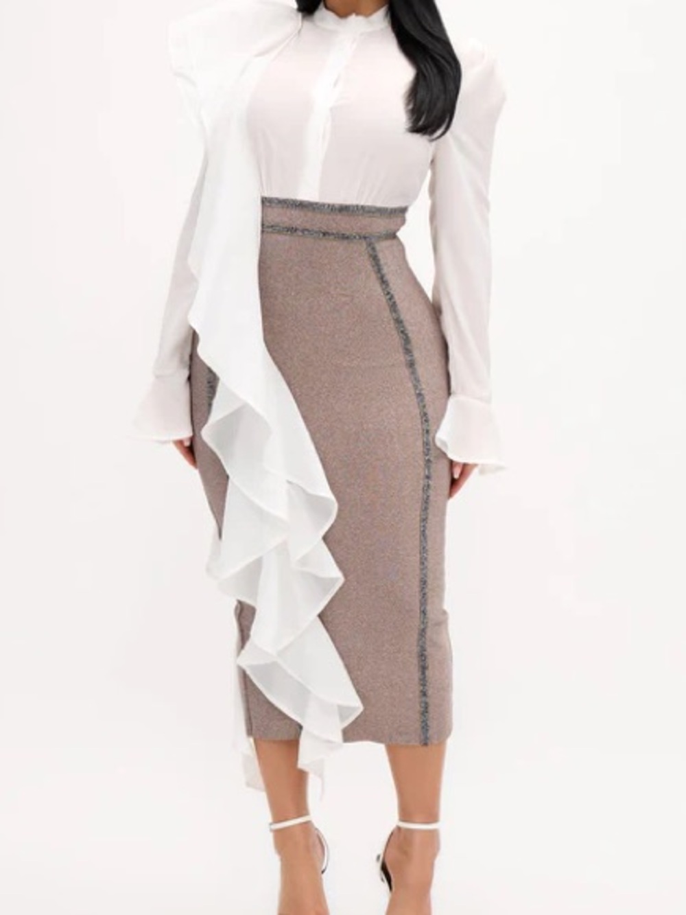 Fashion Nova Blush Metallic Midi Pencil Dress